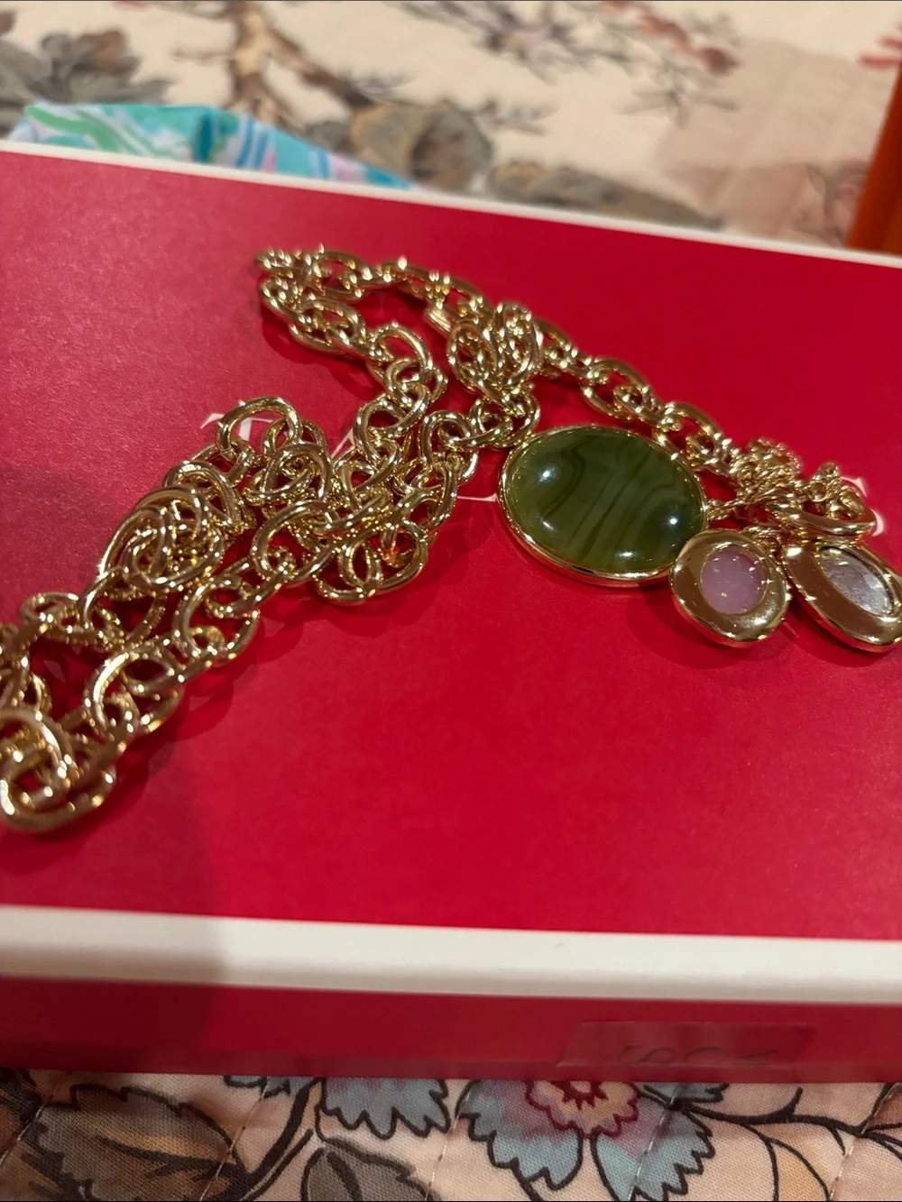 Gold Chain Necklace with Green and Pink Stone Charms nwot